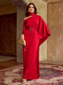 ZEYLAH Rochie maxi arabe elegantă, simplitate, culoare solidă, cu mâneci evazate, cu talie largă, oblică, cu halter și umeri - roșu - Vizualizare 7