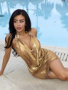 Swim SXY 女士时尚披肩，性感深V领，闪亮亮片，挂脖系带，露背设计，沙滩风，防晒，度假休闲风，网红爆款 - 金色 - 查看 6