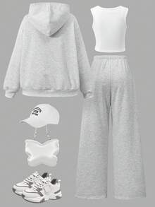 SHEIN Bộ 3 món dành cho nữ tuổi teen, gồm áo khoác nỉ có mũ kéo khóa in hình ngựa, áo tank top trắng và quần ống đứng cạp chun, thích hợp cho mùa thu. - Xám - Xem 3