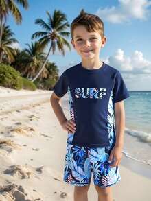 SHEIN Young Boy Swimsuit, Top With Placement Print, Bottom With Random Print - Multicolor - View 1