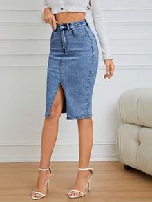 Selianne Chân váy ngắn denim xẻ tà thời trang dành cho nữ, thích hợp cho mùa hè. - Rửa trung bình - Xem 5