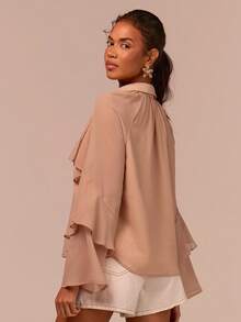 COSMINA Women's Elegant Long Sleeve Ruffle Flowy Blouse,Autumn Dusty Rose Bohemian Loose Top,Versatile For Brunch,Commute,Vacation,Office,Date Beige Shirt - Khaki - View 2