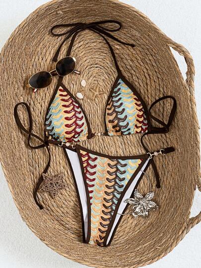 Swim Vcay 春夏休闲沙滩度假条纹露背系带珍珠金属装饰三角罩杯上衣+三角裤比基尼套装