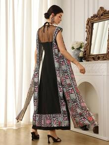 Al Najma Women's Summer Beach Vacation Patchwork Print Sleeveless Long Jacket And Criss-Cross Halter Dress Set - Black - View 2