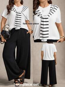 Zelara Plus Size Women's Black And White Striped Short Sleeve Knot 2 In 1 T-Shirt And Wide Leg Pants Set,Summer Smart Casual Vacation Commute Pant Suit - Black and White - View 1