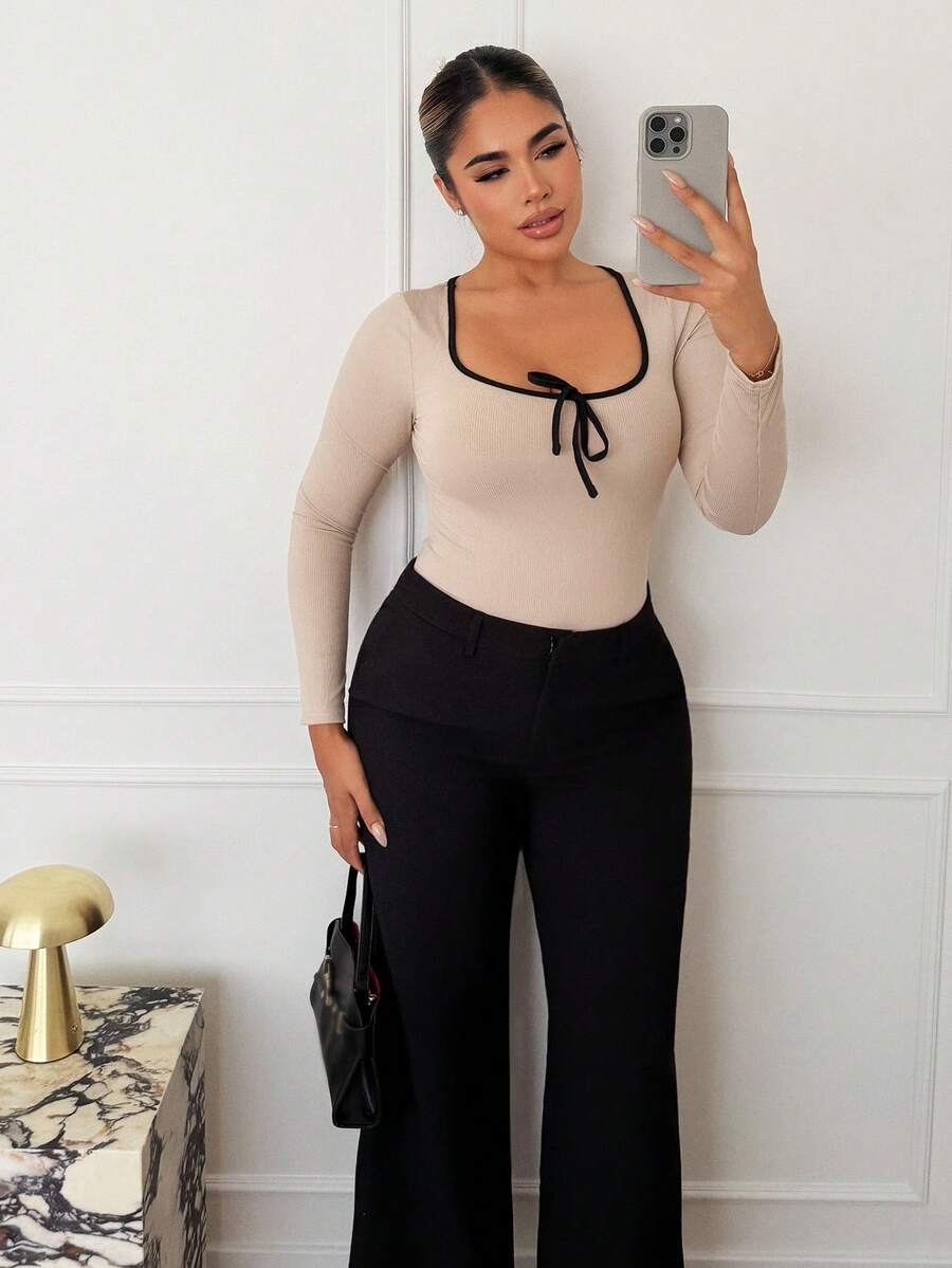 Maria Perezxox 女士圆领蝴蝶结拼色长袖紧身衣,百搭日常穿着 - 杏色 - 查看 1