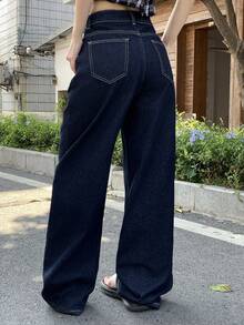 DAZY Solid Color Slant Pocket Casual Versatile Wide Leg Jeans - Navy Blue - View 7