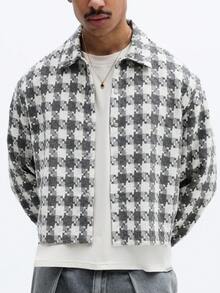 SUMWON Men's Long Sleeve Crop Fit Houndstooth Overshirt Button Front Collared Classic Pattern Statement Piece Casual Formal Outerwear Fall Winter - Light Grey - View 5