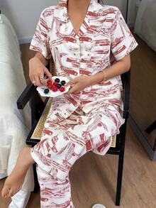 Dream Adore Bubble Print Open Front Lapel Short Sleeve Pajama Set For Women - Multicolor - View 5