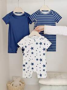 SHEIN Vintaside Kids 3pcs/Set Newborn Baby Boys' Casual Navy Blue Striped & Star Print Rompers, Spring/Summer - Multicolor - View 3
