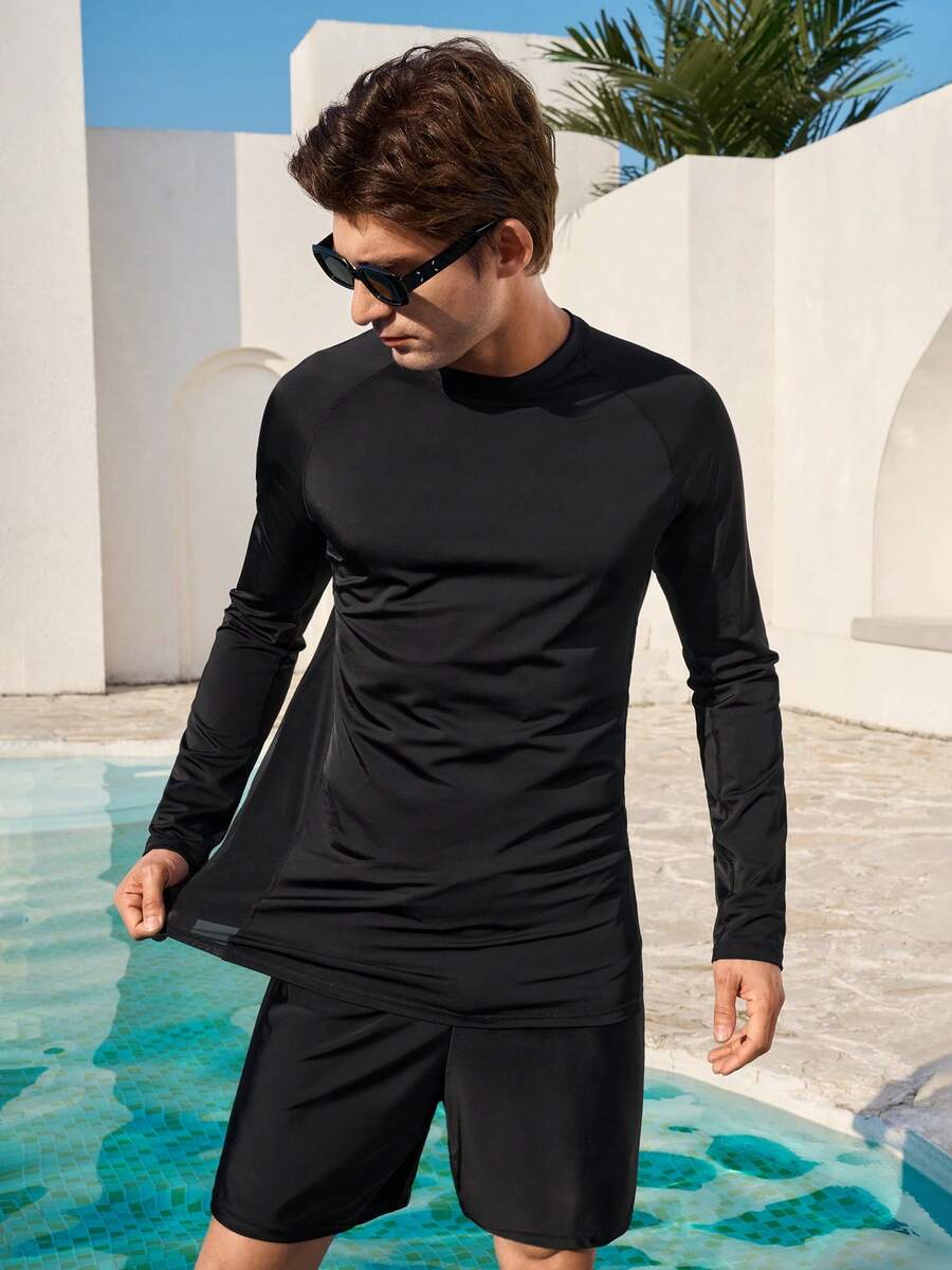 Manfinity VDAYZ Áo chống nắng dài tay màu trơn tối giản dành cho nam, Áo chống nắng dài tay màu đen cho nam, Áo bơi dài tay cho nam, Bộ hai mảnh màu đen cho nam - màu đen - Xem 1