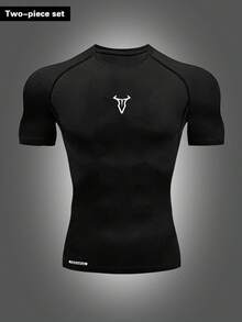 Manfinity Sport Corelite 男士印花休闲日常短袖上衣和裤子运动套装 - 黑色 - 查看 3