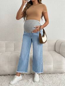 SHEIN Maternity Casual Loose Blue 3/4 Jeans With Gray Waistband Patchwork - Light Wash - View 4