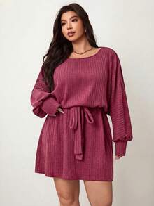 Enliva Plus Ribbed Knit Belted Dress,Autumn Clothes ,Winter Clothes ,Casual Dresses For Women ,Friendly To Round Body Curves - Red - View 2
