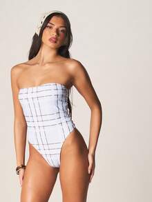 MISSGUIDED Áo tắm liền thân kiểu quây với họa tiết kẻ caro hình học, thiết kế không dây đeo vai, lý tưởng cho kỳ nghỉ hè ở bãi biển hoặc hồ bơi. - Nhiều màu - Xem 4