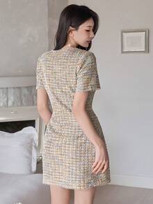 DAZY Women's Elegant Patterned Round Neck Short Dress, Summer Wedding Guest Dress Sundress - Khaki - View 2