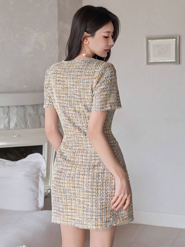 Women's Elegant Patterned Round Neck Short Dress, Summer Wedding Guest Dress Sundress