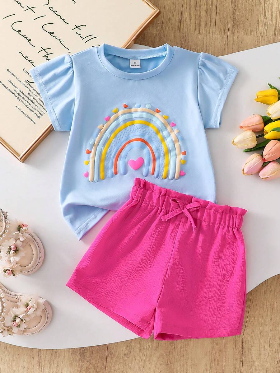 SHEIN Bộ 2 món gồm áo thun in hình cầu vồng và trái tim cùng quần dài thoải mái dành cho bé gái. - Màu xanh lam - Xem 1