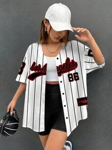 SHEIN EZwear 女士宽松开襟短袖棒球夹克，适合夏季穿着的短款棒球衫 - 白色 - 查看 4