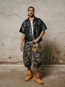 PAVTROS Men's Hip Hop PU Loose Short Sleeve Zip-Up Shirt - Black - View 6