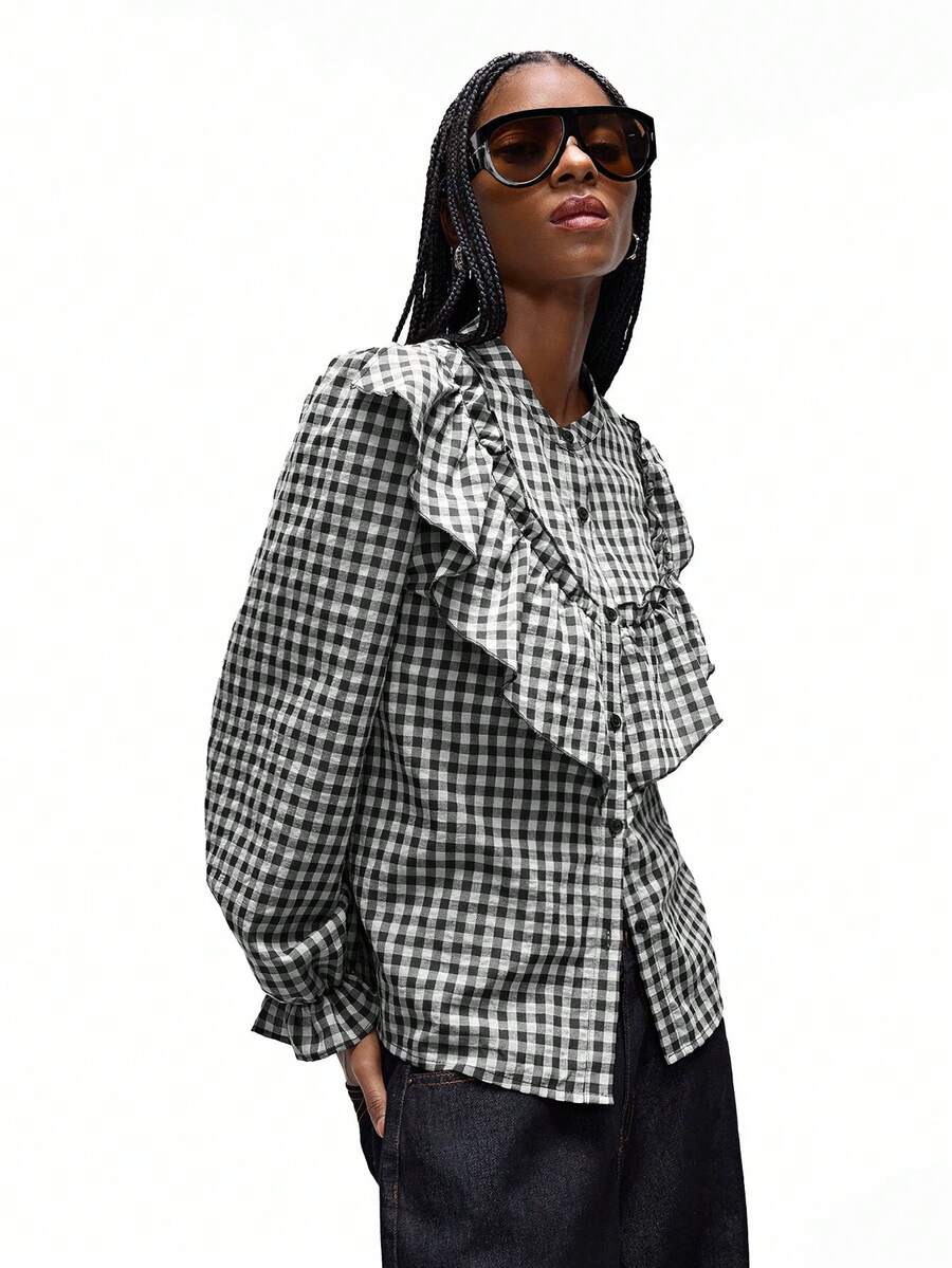 Aveloria GENKIRA Blusa feminina casual de manga comprida, modelagem solta e estilo retrô com gola babada, ideal para o dia a dia. - Preto e Branco - Ver 1