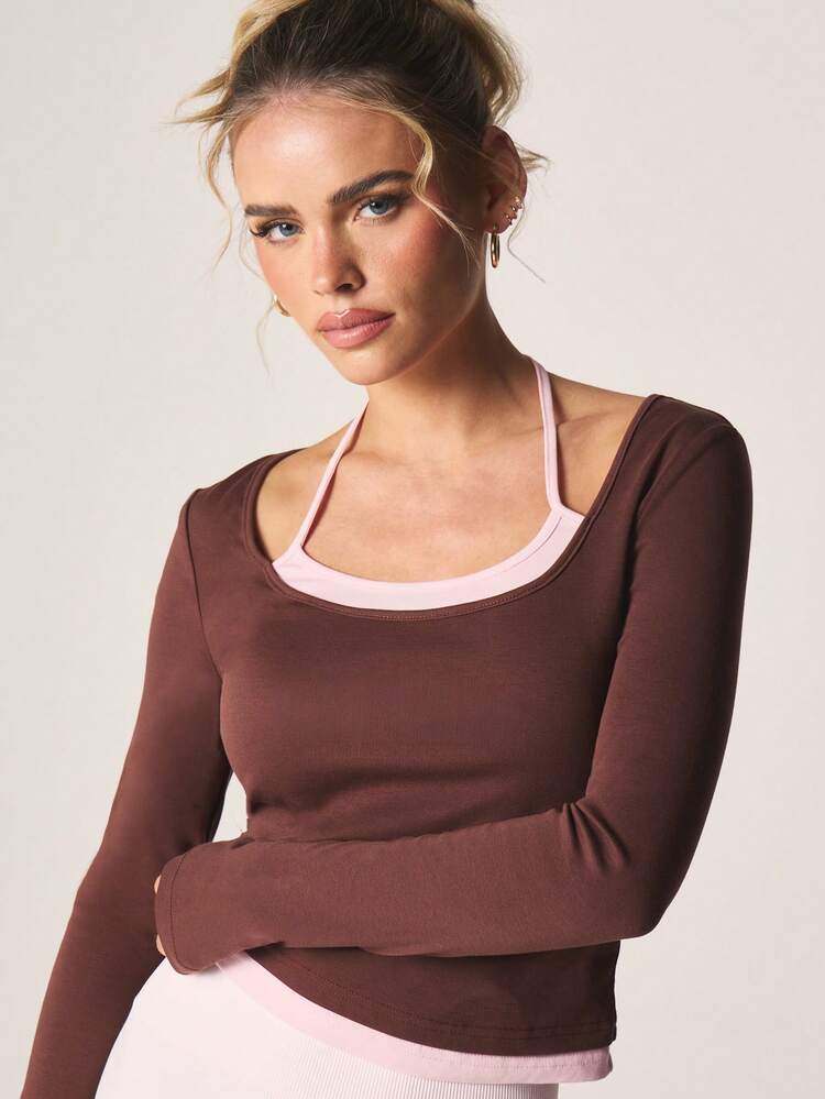 MISSGUIDED Layered Long Sleeve Scoop Neck Top With Contrasting Trim Detail For Fall Winter