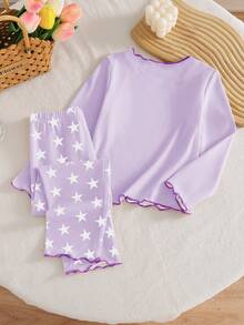 一套女童五星图案睡衣，采用全身星形印花和波浪形滚边设计，舒适休闲长袖上衣和长裤睡衣套装 - 灰色 - 查看 2