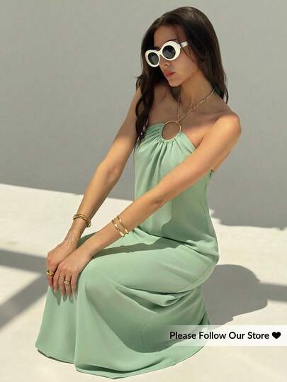 Aloruh Vestido largo ajustado de unicolor y estilo minimalista con escote halter, para vacaciones elegantes de mujer