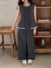 DAZY 少女圆领蕾丝边单排扣无袖上衣搭配阔腿裤休闲套装 - 灰色 - 查看 2