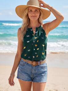 Sylviya 梭织女士蝴蝶印花吊带背心，度假款 - 墨綠色 - 查看 5