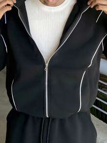 Ngobest Haus Ngobest Haus 2 件男士前拉链口袋简约夹克和裤子套装，休闲运动服，秋季服装 - 黑色 - 查看 3