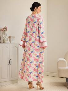 Al Najma 女士优雅印花V领阿拉伯风格连衣裙 - 粉色 - 查看 5