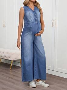 SHEIN Maternity V-Neck Sleeveless Front Button Casual Loose Denim Jumpsuit, Summer - Blue - View 4