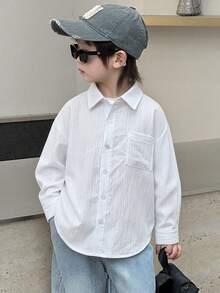Dazy Kids 男童休闲度假通勤简约纯色宽松落肩长袖衬衫，适合春秋季穿着 - 白色 - 查看 5
