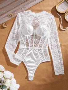 Crystal Vow 1pc Sheer Lace Sexy Jumpsuit - White - View 7