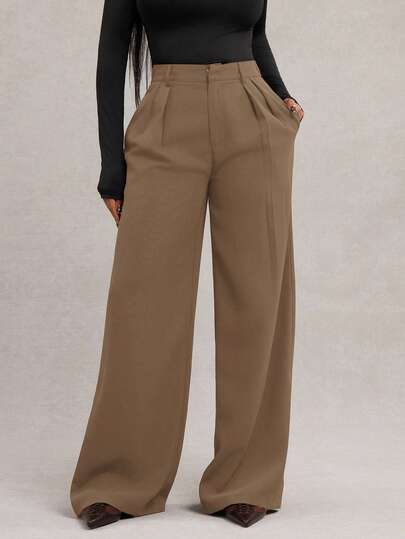 Radiana Plus-Size Women's Minimalist Fashion Dark Camel Wide-Leg Pants, Commuter Pants, Camel Wide-Leg Pants, High-Waisted Wide-Leg Pants, Camel Suit Pants, Spring/Summer