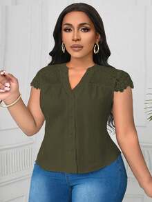 SHEIN Clasi Plus Size Contrast Lace V-Neck Textured Fabric Blouse - Army Green - View 7