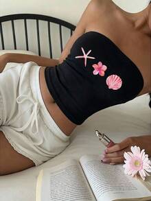 Aloruh 女士休闲无肩带紧身海星花卉印花露脐上衣，适合夏季、海滩度假、音乐节等场合。 - 彩色 - 查看 2