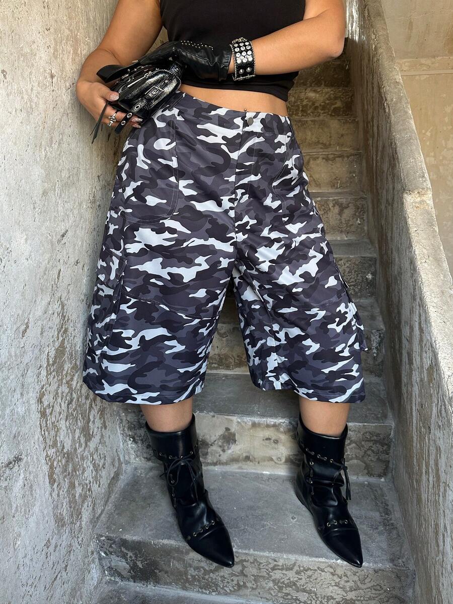 Sunspun Pantalones cargo de camuflaje de moda talla grande, pantalones capri, shorts, adecuados para el verano, festivales de música, salidas casuales - Multicolor - Ver 1