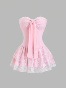 Sweetra Đầm camisole thanh lịch màu trơn phối ren, viền bèo nhún. - Hồng - Xem 1