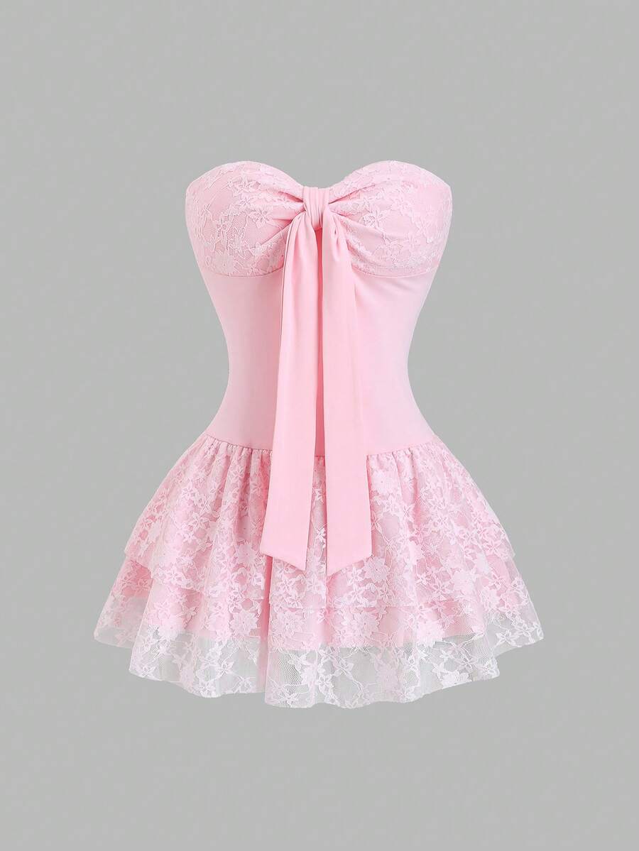 Sweetra Đầm camisole thanh lịch màu trơn phối ren, viền bèo nhún. - Hồng - Xem 1