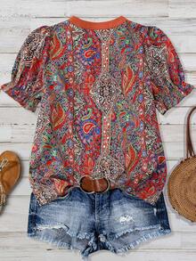 Linhara Camicetta in stile retrò con stampa in stile western, patchwork e motivi boho, adatta per il tempo libero, le vacanze e i festival musicali, in tessuto simile al lino, ideale per l'estate, per donne di taglia comoda - Castano - Visualizzare 2