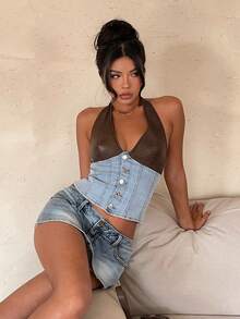 Aloruh Women's Light Blue Summer Rave Halter Denim Blouse,Fashion Contrast Color Patchwork Backless Top For Party,Cocktail,Vacation,Wedding Guest&Western - Blue - View 8