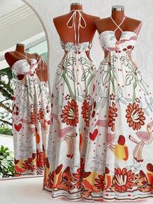 Sweetra Casual Comfortable Beach Resort Print Slip Dress - Orange - View 2