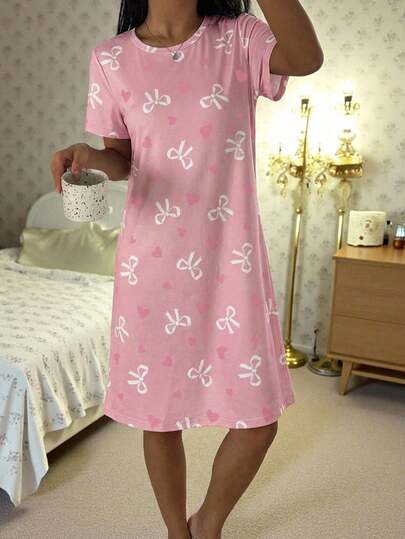 1 件装少女睡衣，蝴蝶爱心印花舒适针织短袖长裙，春夏款