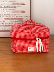 Red Grid Makeup Bag, Portable Quilted Checkered Toiletry Pouch With Large Capacity For Travel - Red - View 12