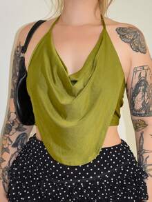 Arliah Solid Concert Draped Front Backless Party Halter Top - Green - View 6