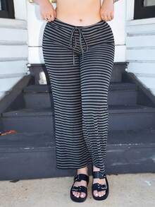 Arliah 女士新款超低腰黑色条纹裤，秋冬款 - 黑色 - 查看 5