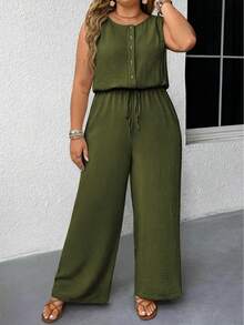 SHEIN Tall CURVE Bộ áo liền quần không tay cỡ lớn dành cho nữ, cổ áo thêu, thiết kế thắt eo, ống quần rộng. - xanh quân đội - Xem 3