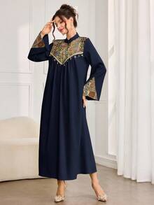 Al Najma Vestido modesto de estilo árabe de jacquard de moda para mujeres - Azul Marino - Ver 4